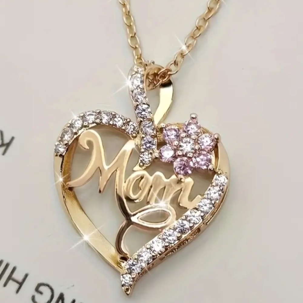 Gold Heart 'Mom' Necklace with Sparkling Accents